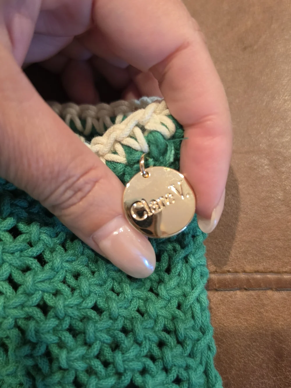 Clare V LE WEEKEND Green Crochet Tote with Striped Handles